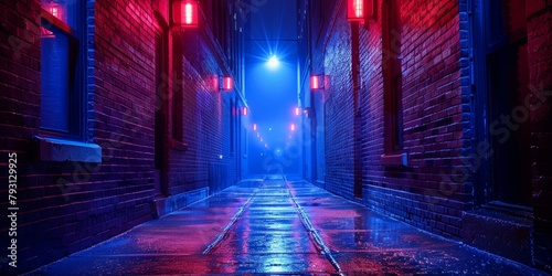 A narrow, dark city street at night, illuminated by a red lantern, evoking urban ambiance.
