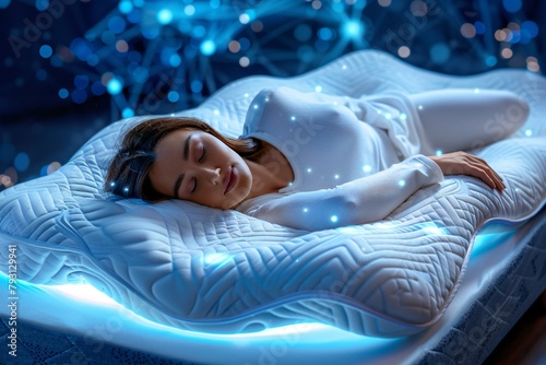 Sleek design mattress with ambient underglow, modern sleep technology in stylish interior