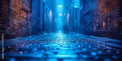 A haunting urban night with a dimly lit, narrow street with rain-slicked pavement. photo