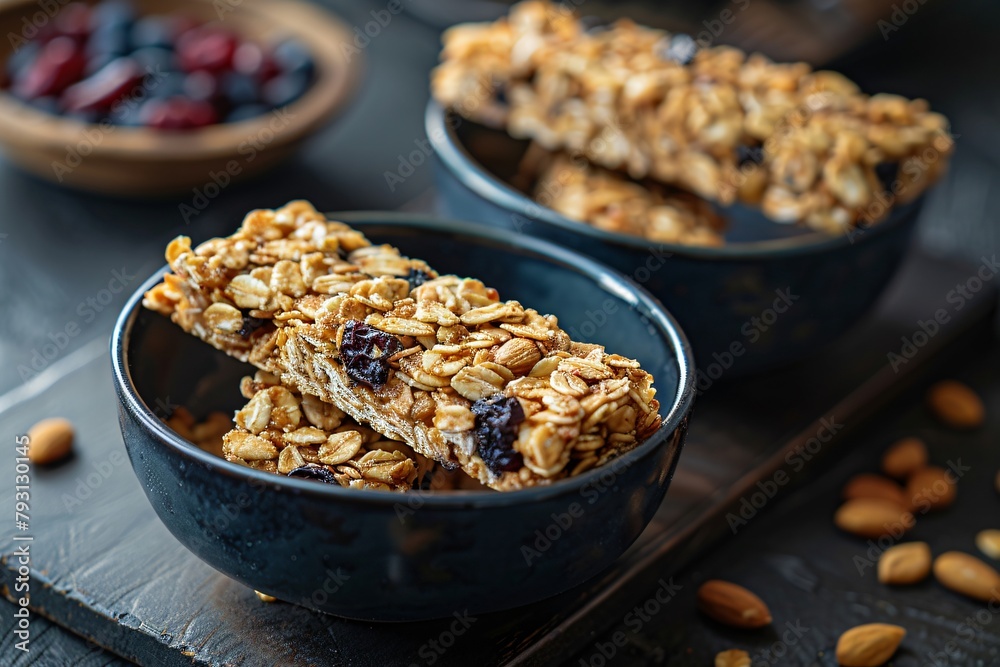 Close-up of granola bars with nuts and cranberries in a dark bowl, textured backdrop Close-up of granola bars with nuts and cranberries in a dark bowl, textured backdrop
