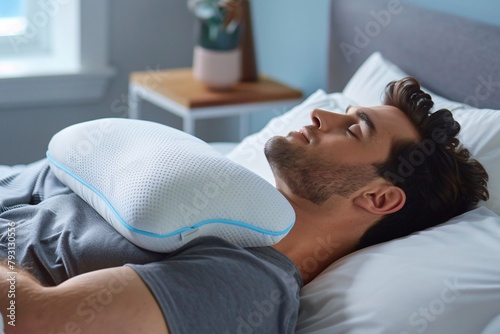 Man resting with ergonomic blue pillow, peaceful modern bedroom interior