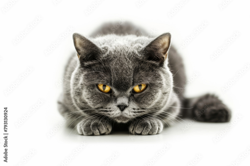 Beautiful domestic gray or blue British short hair cat with yellow eyes on a white background. Beautiful domestic gray or blue British short hair cat with yellow eyes on a white background.