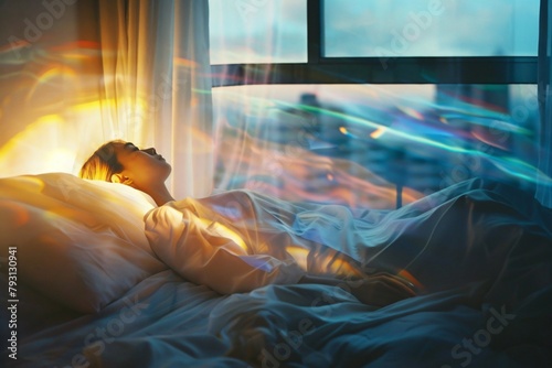 Person relaxing in bed bathed in warm light with cityscape and light trails in the background