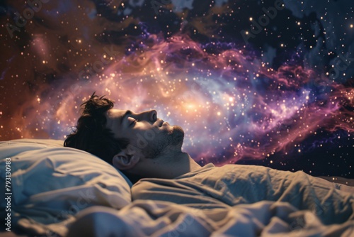 Man in bed with cosmic nebula above, blending dreams and space in surreal bedroom scene
