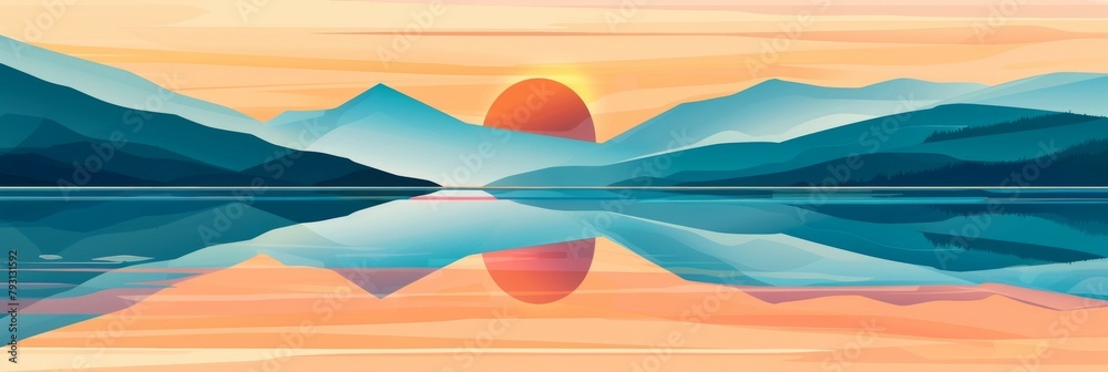 Pointillist Minimalist Modern Landscape with Mountains and Serene Lake at Dawn
