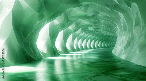   A tunneling hue of green and white, adorned with numerous wall sections, alternating between green and white Illumination emanates from a solitary beacon at the photo