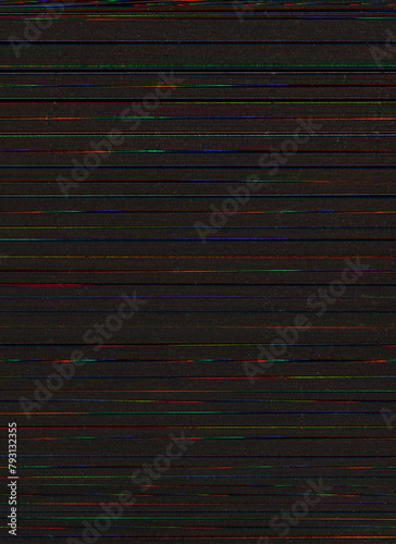 Glitch background. Digital artifacts. Black analog tv computer monitor noise damaged vhs vcr tape green blue red color line retro abstract.