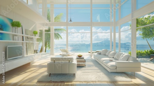 A large white living room with a view of the ocean. The room is filled with white furniture and has a modern  clean look. The sunlight coming in through the windows creates a warm