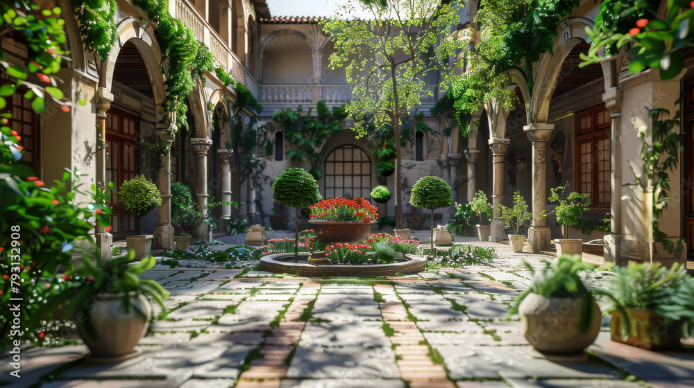 Obraz premium A courtyard with a lot of greenery and a few potted plants. The courtyard is surrounded by buildings with arched windows