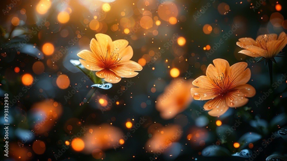 A cluster of orange flowers, each adorned with droplets of water, set against an indistinct backdrop of similar flowers and water beads A cluster of orange flowers, each adorned with droplets of water, set against an indistinct backdrop of similar flowers and water beads