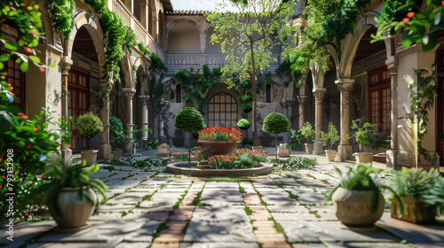 A courtyard with a lot of greenery and a few potted plants. The courtyard is surrounded by buildings with arched windows
