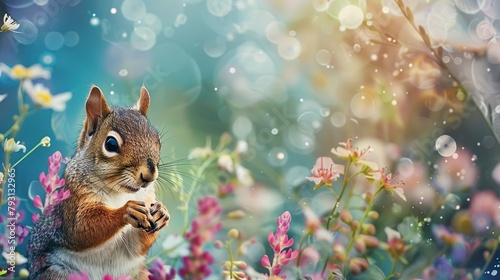A squirrel is sitting on a branch in a field of flowers. The squirrel is holding a nut in its paws and looking to the left. The flowers are colorful and the background is blurry.