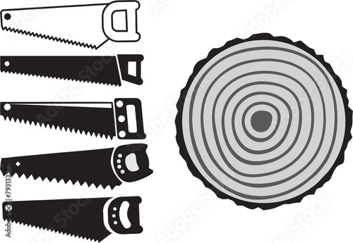 Different style and shape tree cutting saw. Saw with tree cutting symbol. woodworking emblem tree trunk. Save trees idea poster and banner designing. Control deforestation theme. 