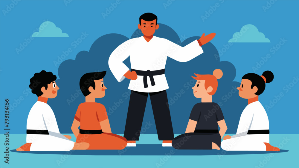 A black belt practitioner teaching a group of beginners the fundamentals of tactical thinking in martial arts emphasizing the importance of A black belt practitioner teaching a group of beginners the fundamentals of tactical thinking in martial arts emphasizing the importance of