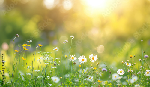 Spring and summer concept. Grass and flowers with empty copy space. Bokeh background.