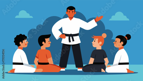 A black belt practitioner teaching a group of beginners the fundamentals of tactical thinking in martial arts emphasizing the importance of