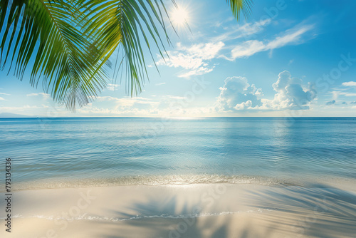 Amazing tropical beach with palm trees. Hot sunny summer day and with blue sky. Summer vacation and travel concept.