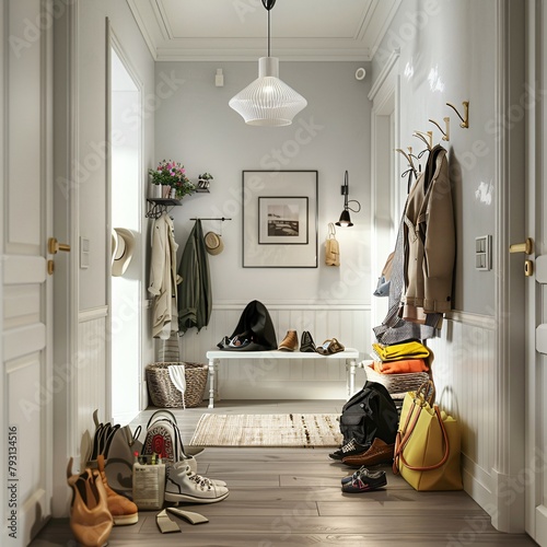 Lit hallway with bench, shoes, coats, and classic pendant lamp photo