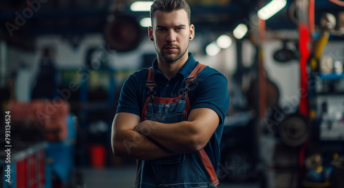 Auto mechanic stands inside a car repair service center. Male 30 - 35 years old.