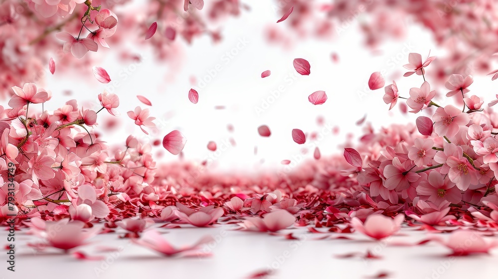  Pink flowers floating in the air with petals drifting down and up