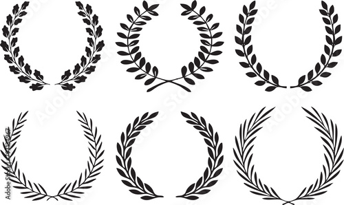 Collection of silhouette of circular laurel wreaths depicting award, achievement.High quality circular foliate laurels branches.Design help for award logo, winner round emblem.  photo