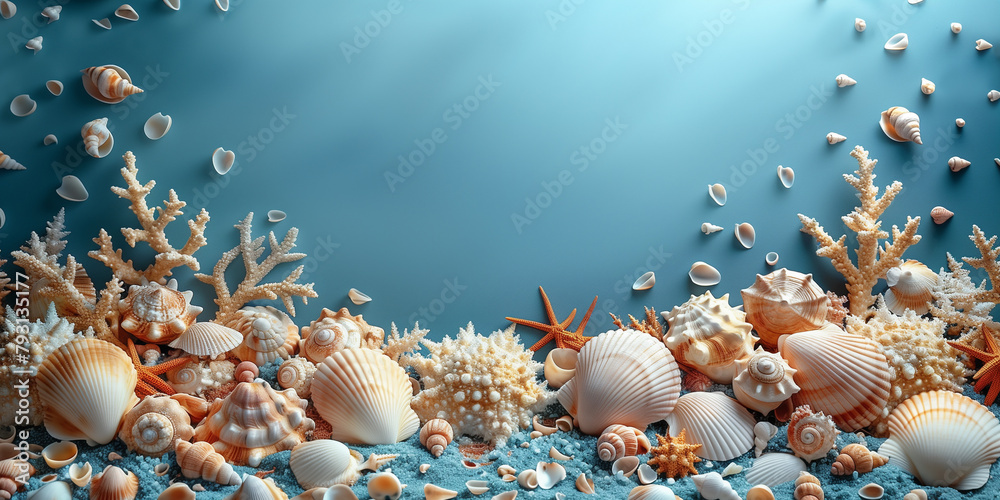 Obraz premium Flat lay composition of seashells and sea sand on a blue background. Free space to place text. Seashell and starfish. Summer, holiday, vacation concept. Sea summer vacation background. space for the t
