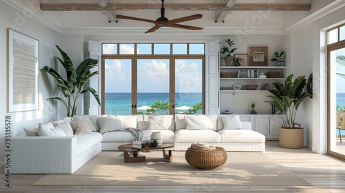 A large white sectional sofa is in a living room with a view of the ocean. The room is decorated with plants and has a white rug