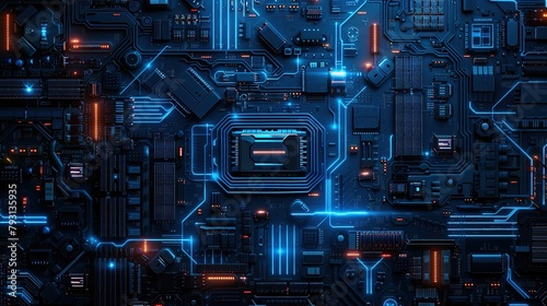 The image is a circuit board with blue and orange lights.
