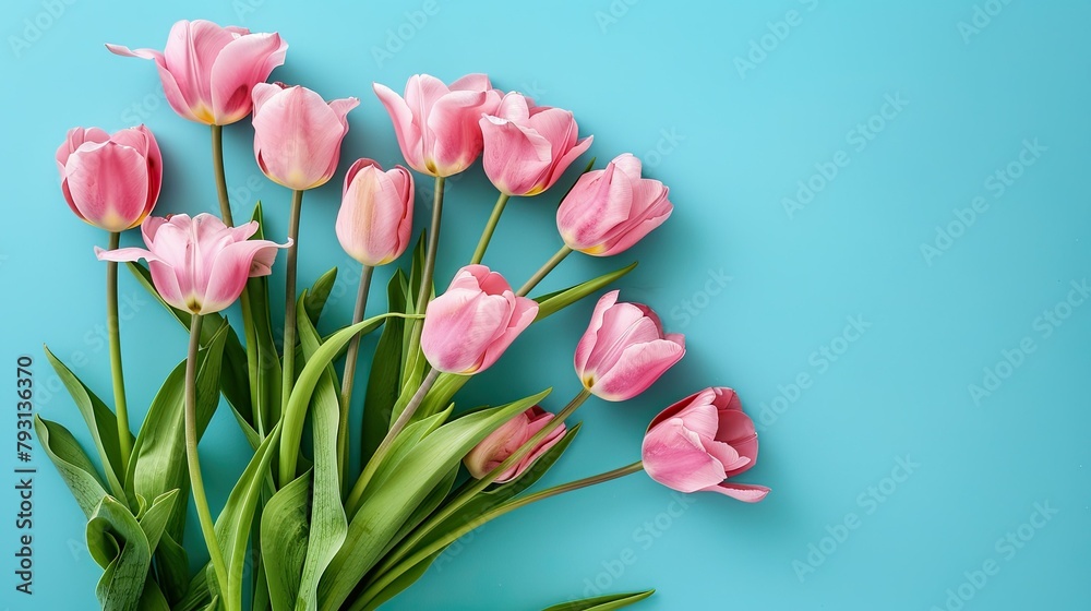 A stunning spring bouquet of pink tulip flowers set against a vibrant blue background with ample space for text or design A stunning spring bouquet of pink tulip flowers set against a vibrant blue background with ample space for text or design