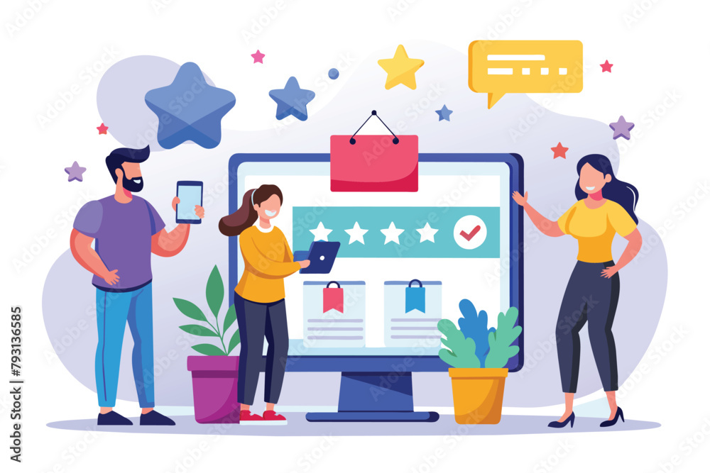 Group of People Reviewing Online Store Ratings, Customers provide rating feedback to online stores, Simple and minimalist flat Vector Illustration