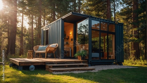 Trendy tiny house constructed from shipping containers, illuminated by the sun on a picturesque day. A shining example of sustainable living and eco-friendly homes. photo