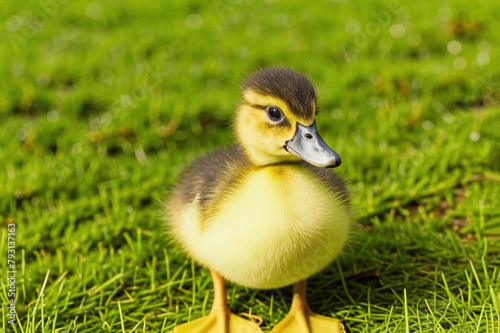  little duckling  springtime, in the green grass domestic animal photo
