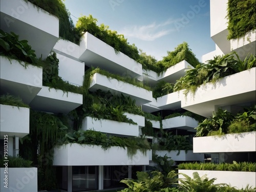 Sustainable urban architecture highlighted by white buildings accented with cascading green plant walls. Illustrating the harmony between modern living and ecological awareness.