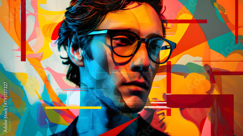 A stylized portrait of a young man with glasses colorful collage of vibrant abstract blend of colors and shapes in the background.