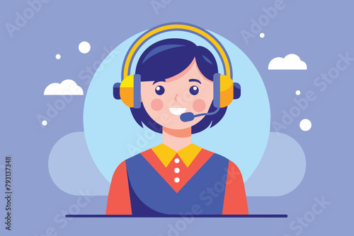 Female customer support operator wearing headphones and a headset while working, customer support operator with working headset in call center, Simple and minimalist flat Vector Illustration