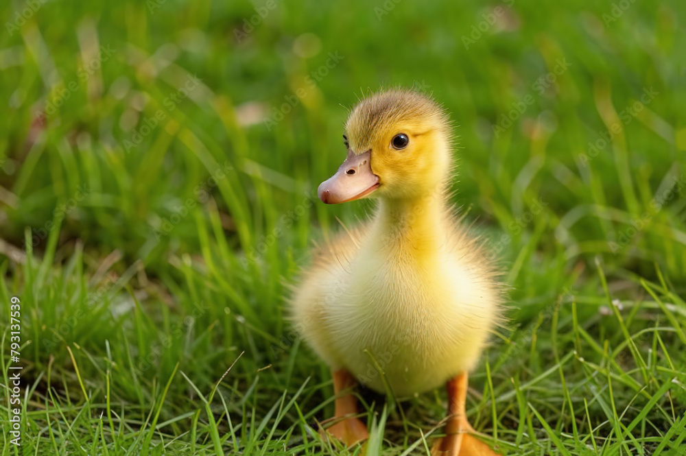  little duckling  springtime, in the green grass domestic animal