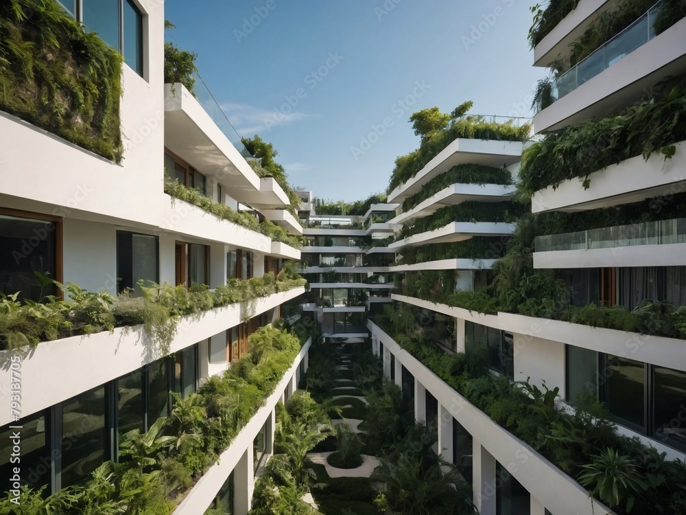 Sustainable urban architecture highlighted by white buildings accented with cascading green plant walls. Illustrating the harmony between modern living and ecological awareness.