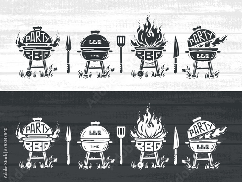 BBQ Time Vector Set. Grill Barbecue Party. Portable Charcoal Grills with Fire Flame. Grill Tools. Barbecue Fork, Spatula, Knife. Black and white Vector illustration.