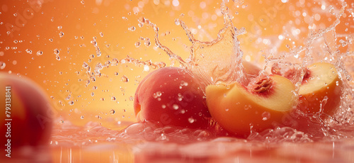 Fresh peach splashing in water with droplets flying around, vibrant colors. stock photo of water splash with sliced peach Food Photography. 