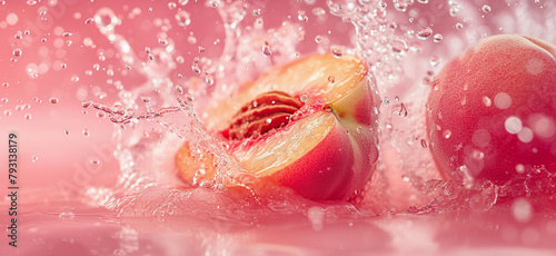 Fresh peach splashing in water with droplets flying around, vibrant colors. stock photo of water splash with sliced peach Food Photography.