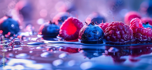 Fresh blueberries and raspberries splashing in water with droplets flying around, vibrant colors. stock photo of water berries with sliced strawberries Food Photography.  photo