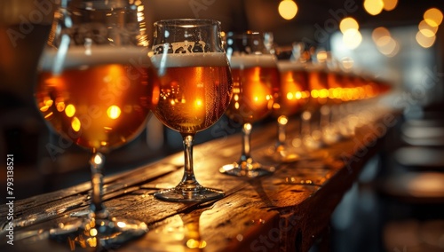 A row of beautiful glass beer glasses filled with golden ambercolored ale, each one showing the unique texture and clarity that freshly made craft ingredients can create Generative AI