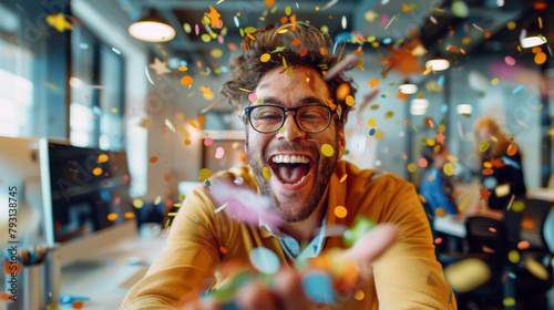 Happy guy in an office environment, sitting in front of a computer blowing confetti on his female colleague