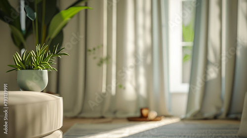 full curtains in an apartment light-colored room with subtle pops of color depth of field background. Earth-natural colors subtle pops of color high-contrasting feminine natural materials home design