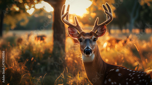 majestic deer with impressive antlers standing under natural light, looking at the camera, wildlife animal whitetail buck