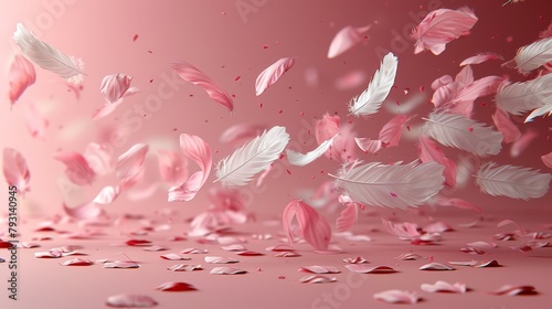  A plethora of pink and white feathers fluttering in the air, against a backdrop of pink and lighter pink, with petals strewn about