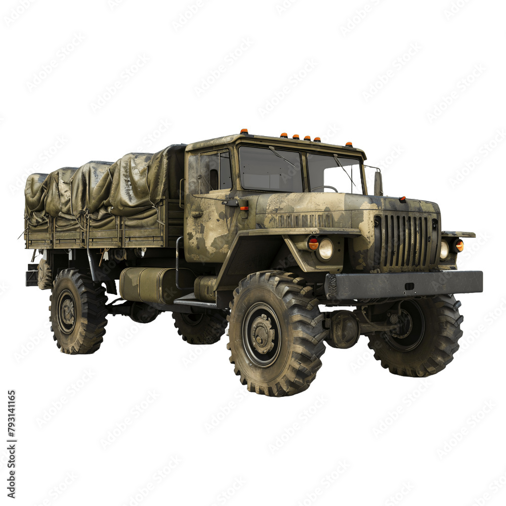 Rugged Military Truck Isolated on White Background, Detailed Image of Army Transport Vehicle, png.