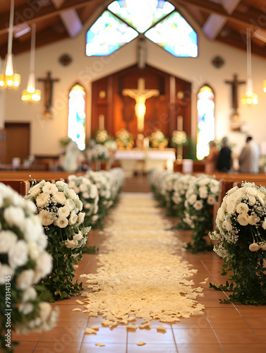 Church interior is adorned with elegant decorations, beautiful ambiance for the wedding ceremony