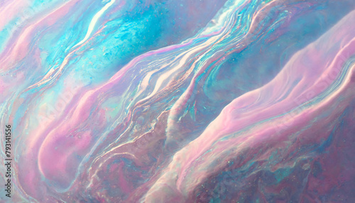 Vibrant, abstract, beauty of a holographic marble surface texture with blend of pastel pink and blue hues with golden accents, ideal for backgrounds or artistic, abstract designs.