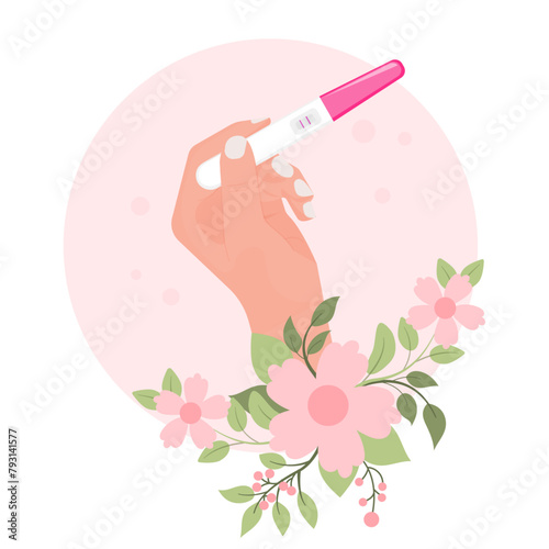 Positive pregnancy test in a hand with flowers. Vector illustration in pastel colors